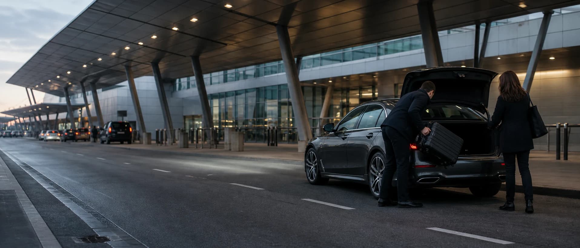Driver unloading luggage beside an airport terminal
