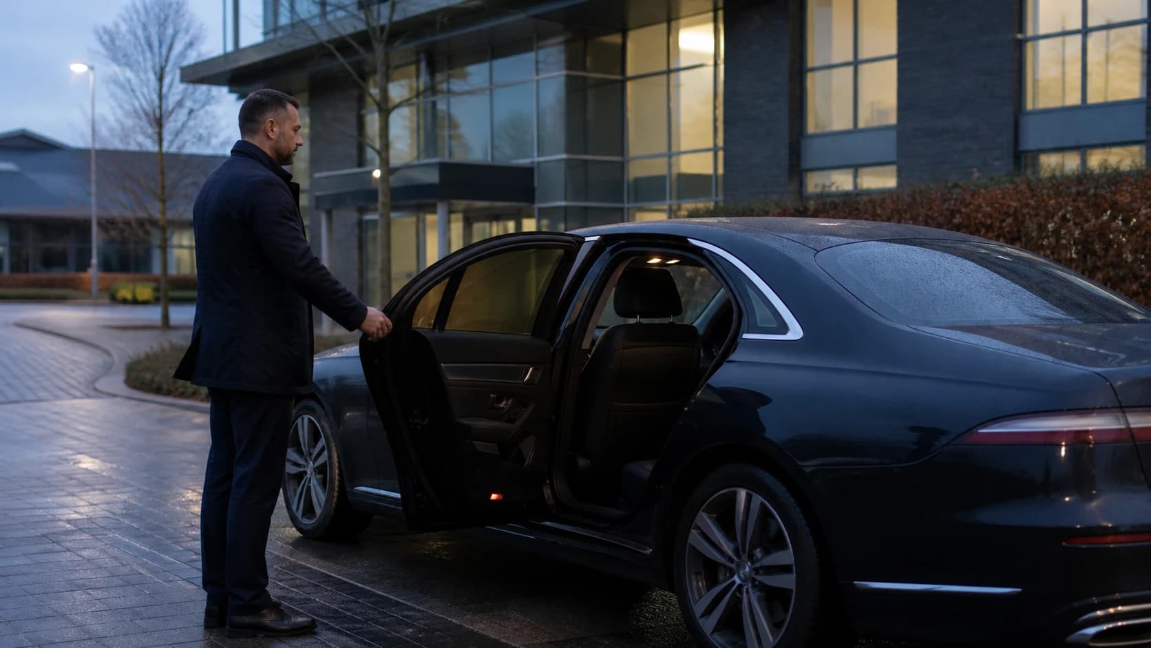 Driver holding a saloon door outside an office