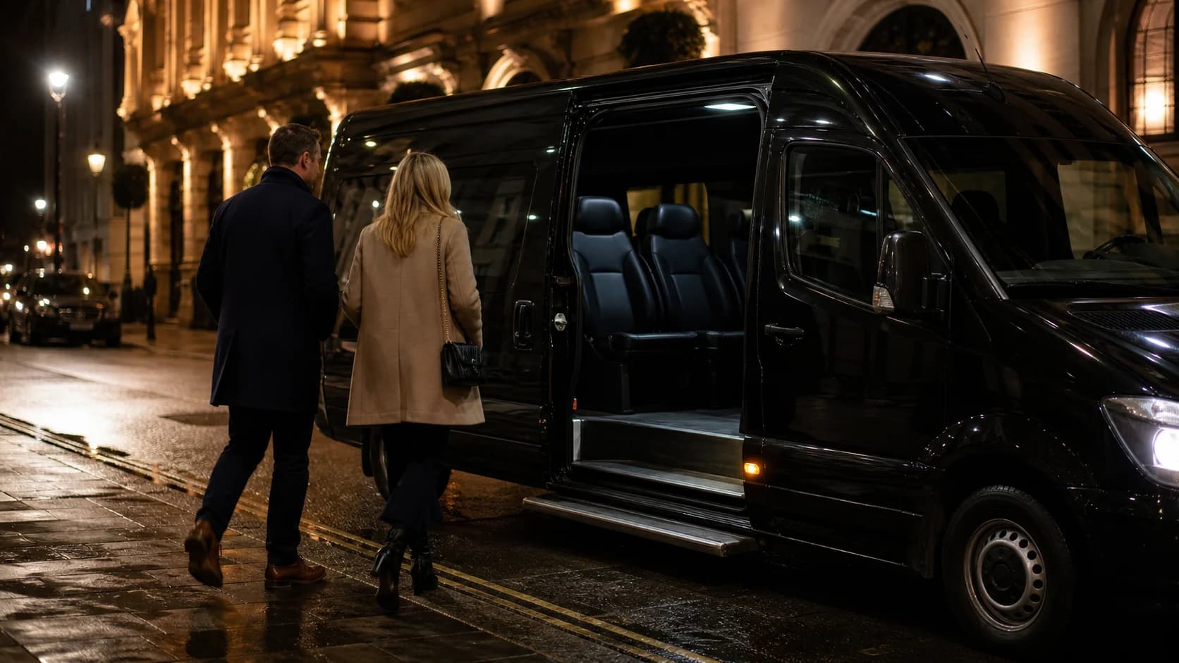 Passengers approaching a minibus in the evening