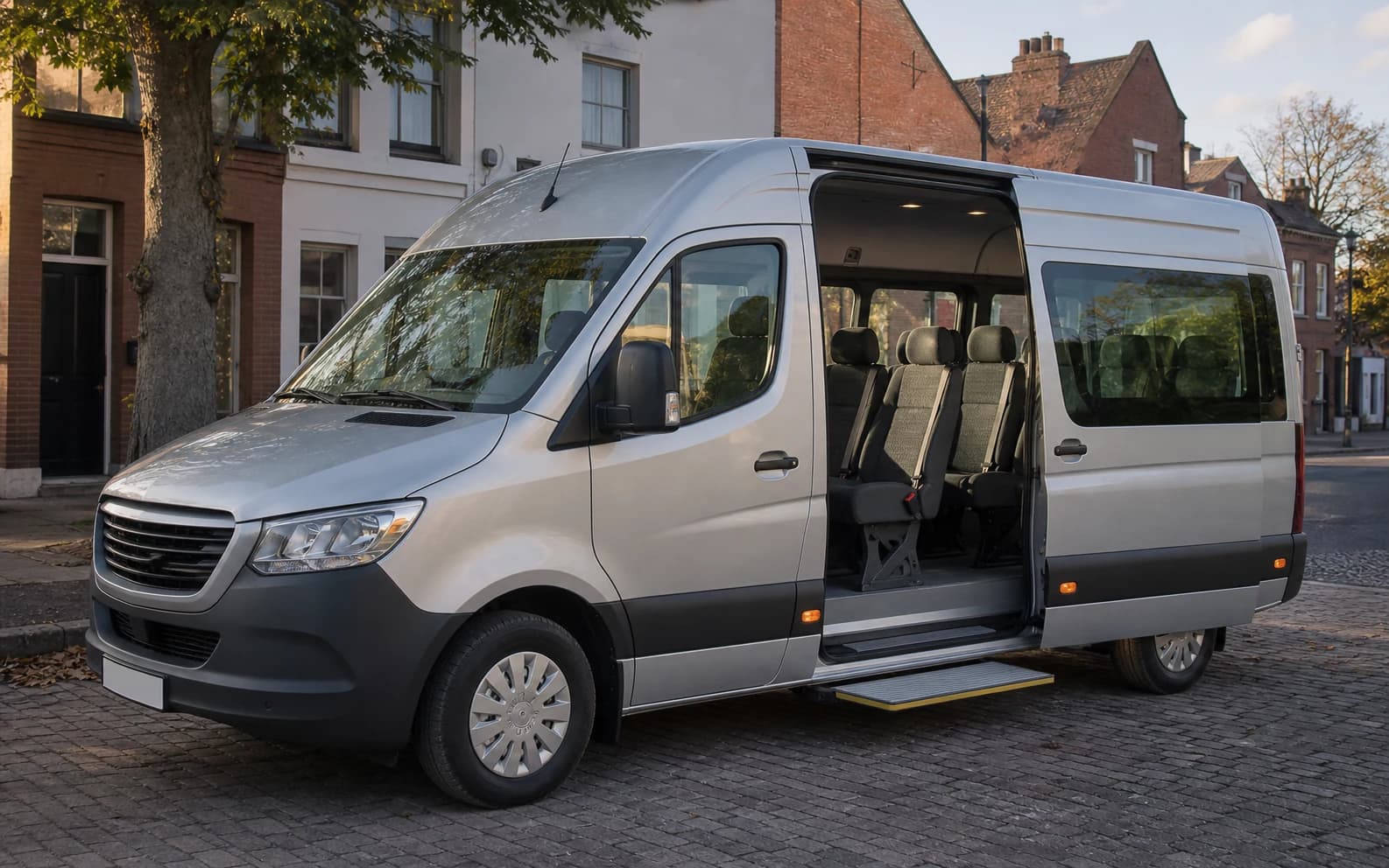 Minibus with open sliding door and passenger seating